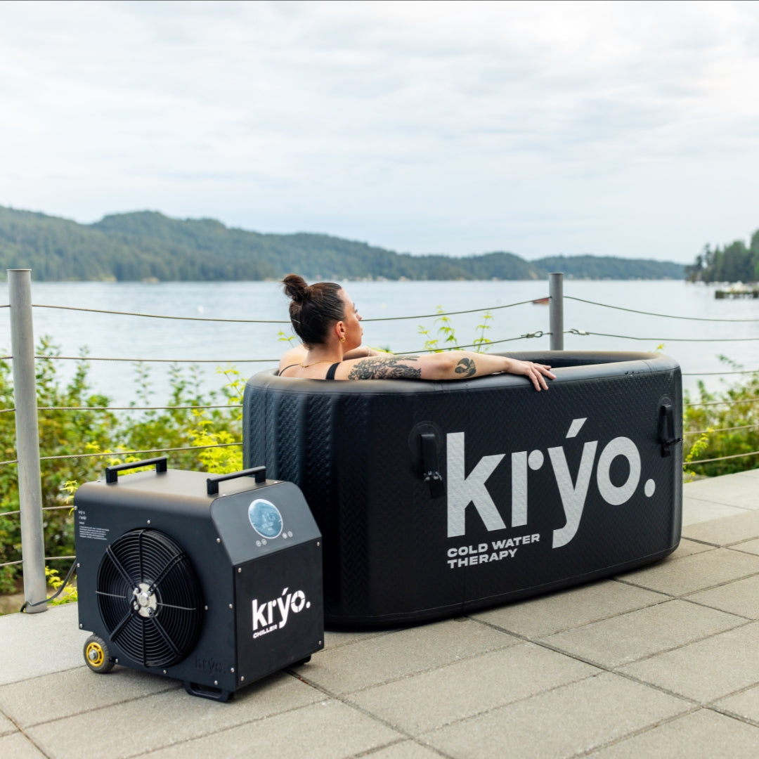 Kryo Plunge Cold Plunge, front side of the cold plunge, showing the Kryo cold plunge Tub and Kryo Water Chiller with mountains and ocean in the background