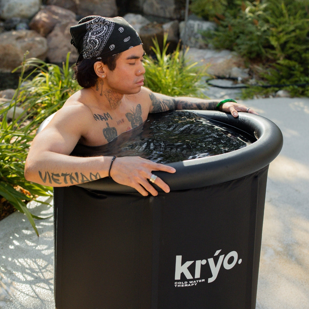 Kryo Pod 2.0 cold plunge, ice bath, side view, detail, male cold plunging 