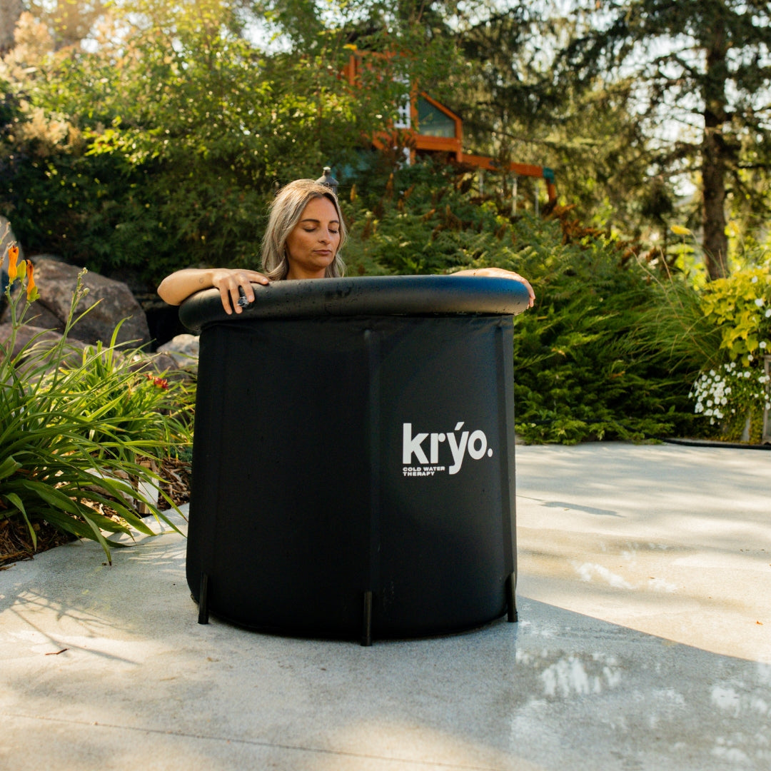 Kryo Pod 2.0 ice bath, front view, girl cold plunging