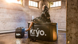 Kryo plunge, cold plunge water chiller, snuggie, side view, female in kryo warmer